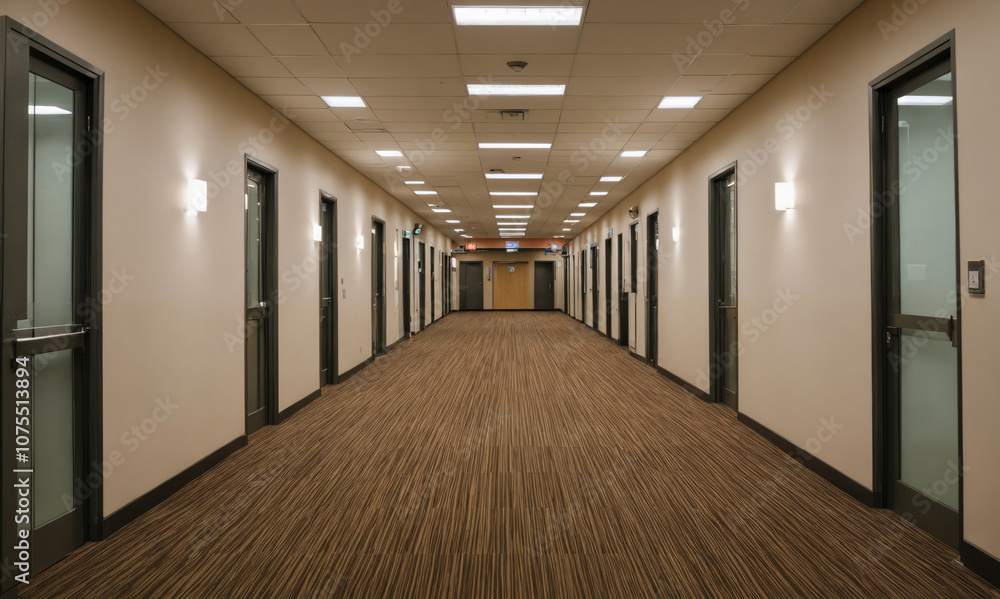 A long, empty hallway with white walls and brown carpet leads to the end of the building A long, empty hallway with white walls and brown carpet leads to the end of the building