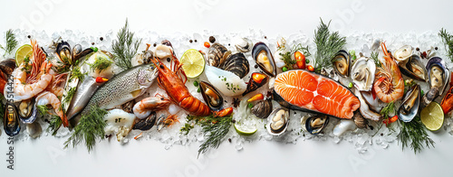 Banner of Fresh Fish and Seafood on Ice with Salmon, Red Caviar, Cod, Mussels, Oysters, Clams, and Shrimp on White Background with Copy Space