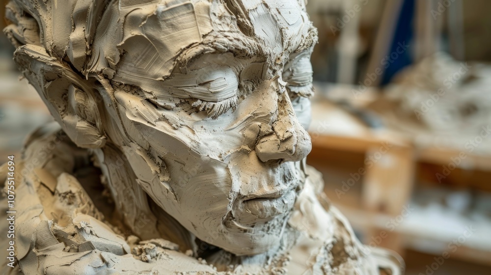Artist molds a clay sculpture in a studio, showcasing intricate texture and form, crafting a contemporary portrait with creativity and skill Artist molds a clay sculpture in a studio, showcasing intricate texture and form, crafting a contemporary portrait with creativity and skill
