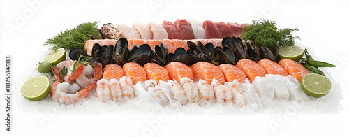 Wallpaper Mural Banner of Fresh Fish and Seafood on Ice with Salmon, Red Caviar, Cod, Mussels, Oysters, Clams, and Shrimp on White Background with Copy Space Torontodigital.ca