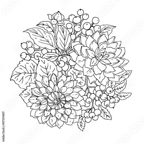 Leaves and berries of blackberry, rose hips. Sketch botany line vector drawing. Autumn Bouquet of Dahlias and Berries. Coloring Page