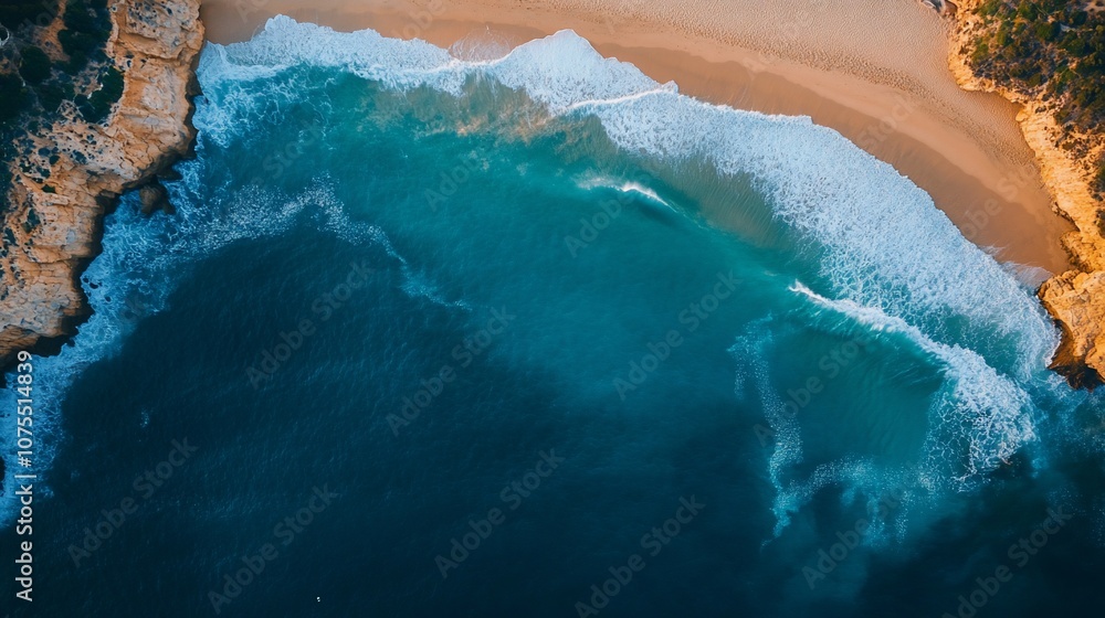 Aerial view of a secluded beach with turquoise water and white waves crashing against the shore. Aerial view of a secluded beach with turquoise water and white waves crashing against the shore.