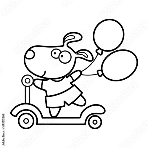 Dog on Scooter with Balloons. This is a black and white outline illustration featuring a cute cartoon dog riding a scooter. The dog has a cheerful expression with large, expressive eyes.