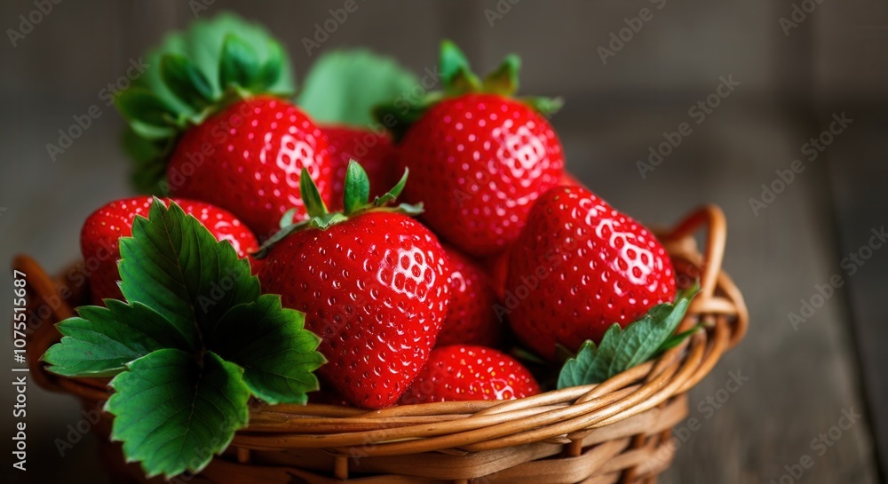 Fresh strawberries in wicker basket on wooden background Fresh strawberries in wicker basket on wooden background