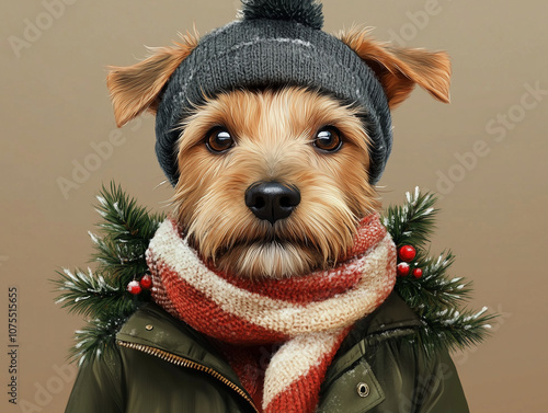 Festive Tenterfield Terrier wearing a cozy winter hat and scarf, with a jacket and Christmas tree background, styled in olive green, brown, and beige Christmas tones. photo