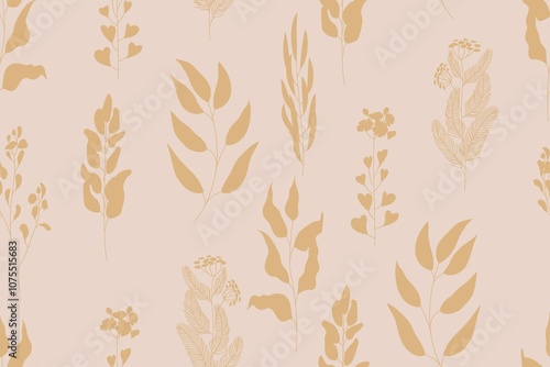Seamless pattern with botanical pattern. Pastel warm shades. Silhouettes of herb branches with leaves and flowers. Vector
