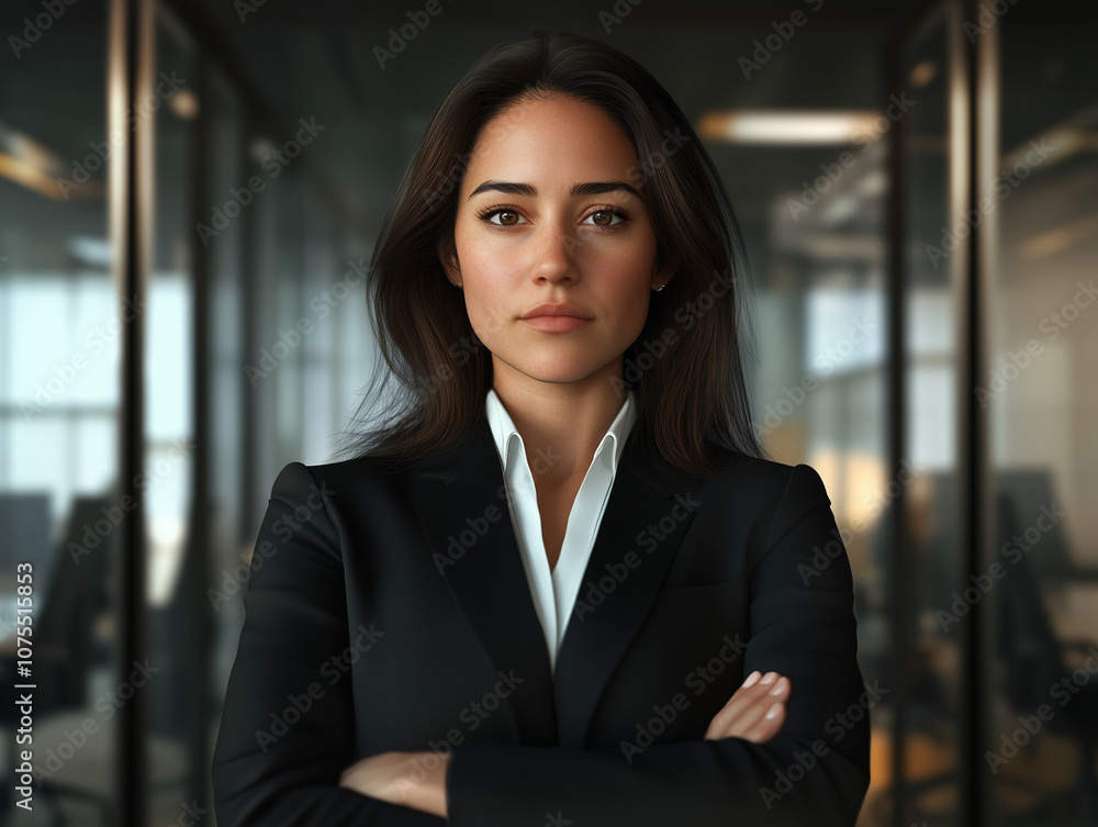 Confident businesswoman standing by large glass windows, looking professional and focused in a modern office environment. Confident businesswoman standing by large glass windows, looking professional and focused in a modern office environment.