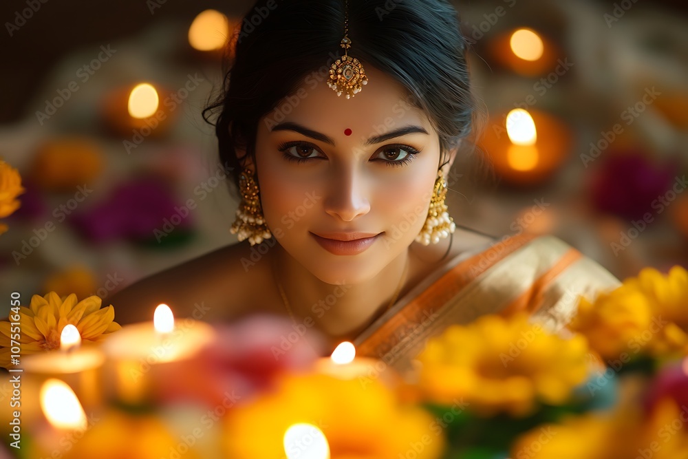 Woman in Saree with Tilak Looking at Lit Candles for Diwali Celebration Woman in Saree with Tilak Looking at Lit Candles for Diwali Celebration