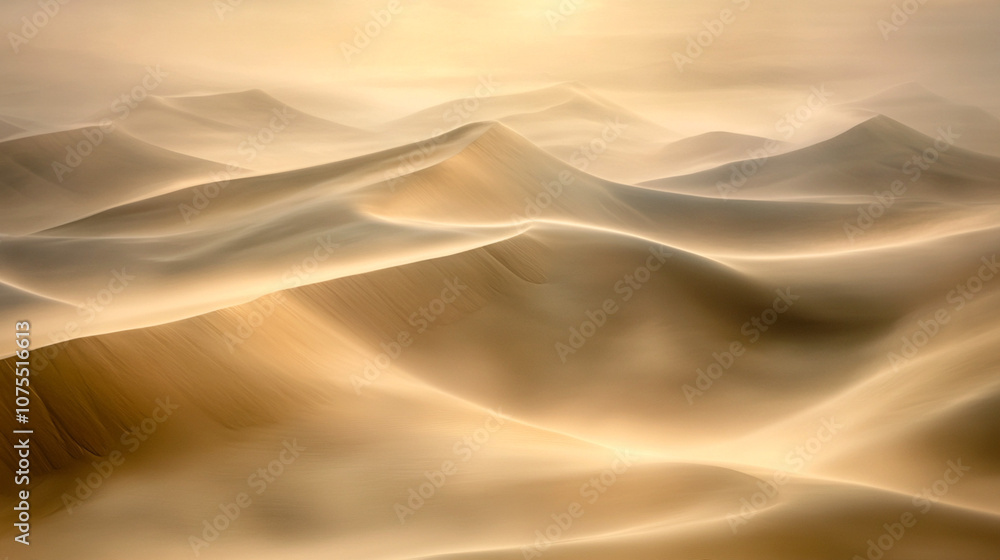 Golden sand dunes under soft, ethereal light creating a serene, abstract landscape of smooth curves and gentle shadows Golden sand dunes under soft, ethereal light creating a serene, abstract landscape of smooth curves and gentle shadows