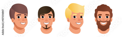 Man Smiling Face Head with Different Hairstyle Vector Set