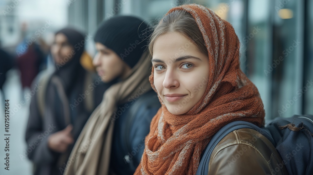 Young refugee woman wearing a warm scarf and coat stands confidently with friends in a public space, symbolizing resilience and hope within a diverse host community. Young refugee woman wearing a warm scarf and coat stands confidently with friends in a public space, symbolizing resilience and hope within a diverse host community.