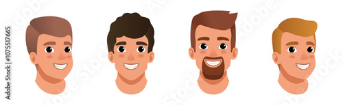 Man Smiling Face Head with Different Hairstyle Vector Set