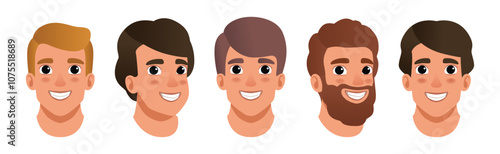 Man Smiling Face Head with Different Hairstyle Vector Set
