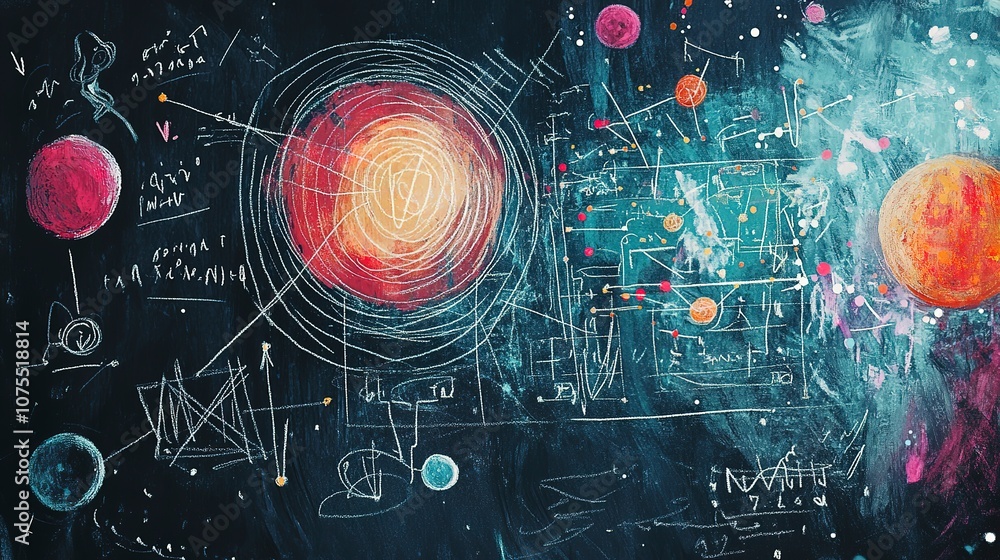 Illustration of a chalkboard filled with complex physics equations and ...