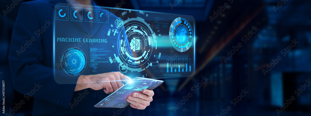 Machine Learning: Data processing, businessman analyzing and monitoring technological machine learning, predictive analytics, algorithm optimization, automation, pattern recognition, AI integration. Machine Learning: Data processing, businessman analyzing and monitoring technological machine learning, predictive analytics, algorithm optimization, automation, pattern recognition, AI integration.