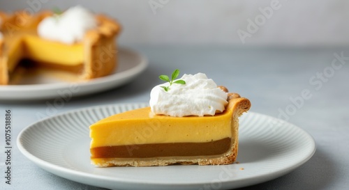 Delicious homemade pumpkin pie slice with whipped cream on plate