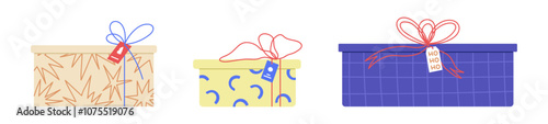Christmas gift boxes with ribbons, bows, and festive tags. xmas holiday package pile for Noel and birthdays. Flat vector illustration isolated on white background.