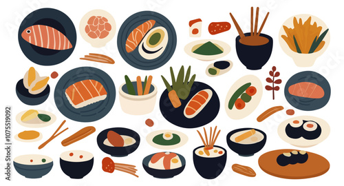 Set of Global Culinary Design Illustration of Healthy Food Menu.