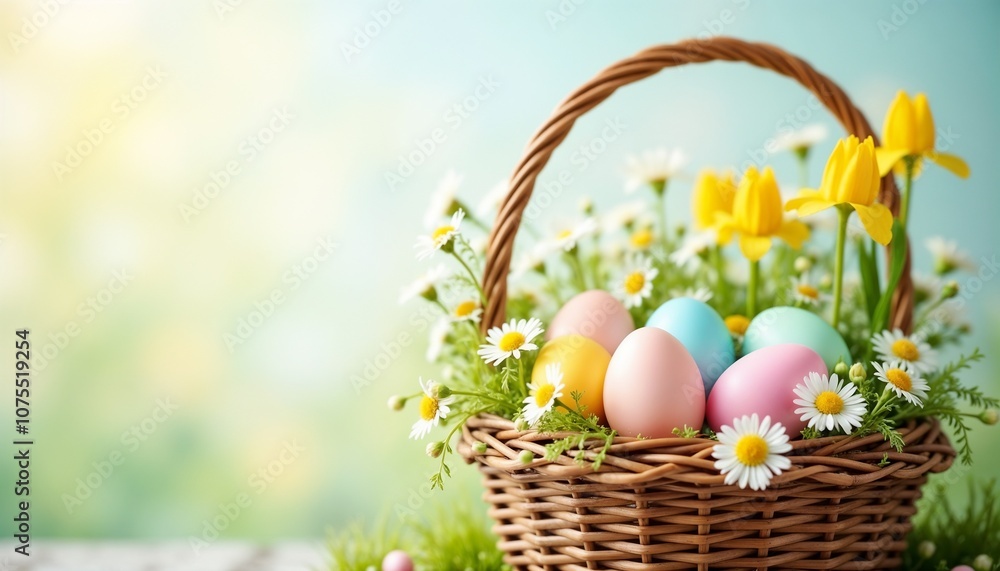 Easter basket with colorful eggs and flowers, festive mood, arranged on soft background, spring decoration Easter basket with colorful eggs and flowers, festive mood, arranged on soft background, spring decoration
