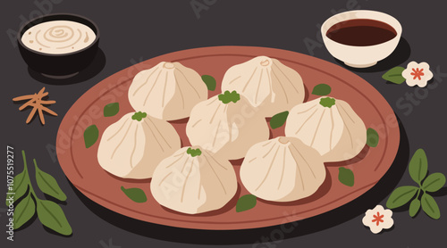 Set of Delicious Gyoza Dumplings with Ground Pork and Napa Cabbage Illustrations
