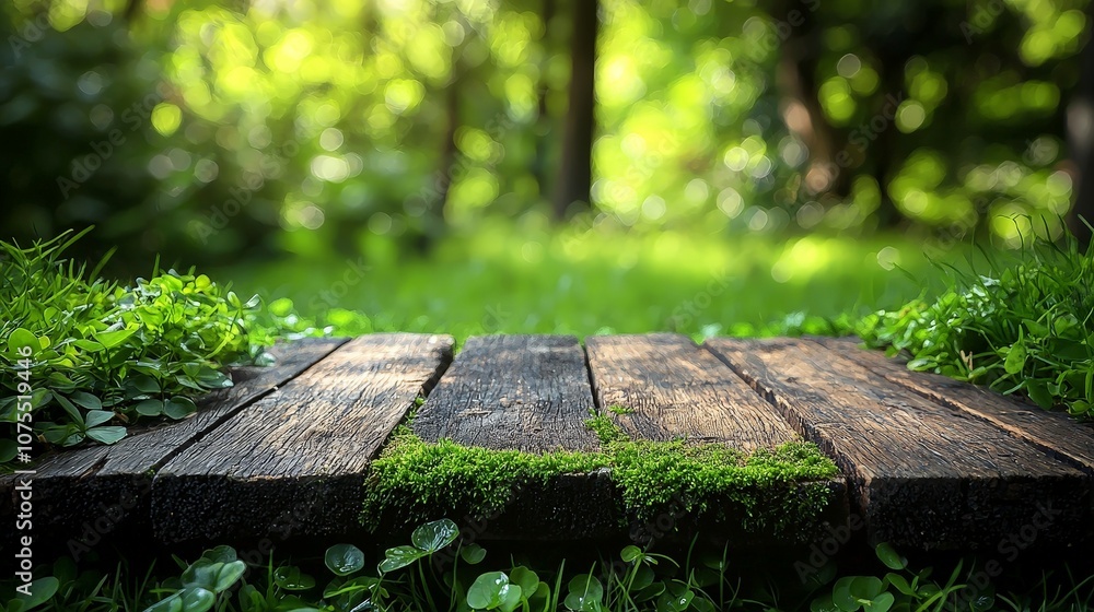 A serene wooden pathway surrounded by lush greenery in a tranquil forest setting. A serene wooden pathway surrounded by lush greenery in a tranquil forest setting.