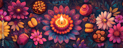 A rangoli pattern and a diya lamp, surrounded by flowers and sweets. Generative AI. photo