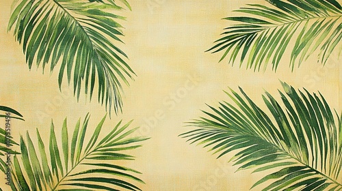 Pattern of palm leaves in shades of green on a beige background, soft and natural, evoking a tropical feel.