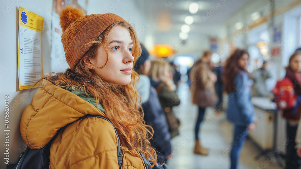 Fototapeta premium A young woman with red hair and a warm beanie stands in line at a polling station during EU elections, surrounded by other voters