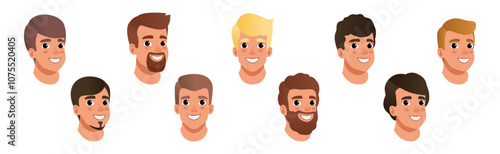 Man Smiling Face Head with Different Hairstyle Vector Set
