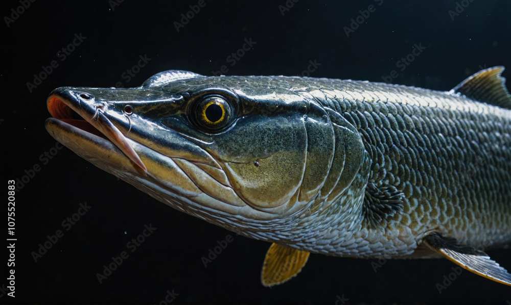 A close-up of a large fish swimming in dark water A close-up of a large fish swimming in dark water
