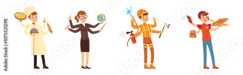 Multitasking People Character of Different Profession Vector Set