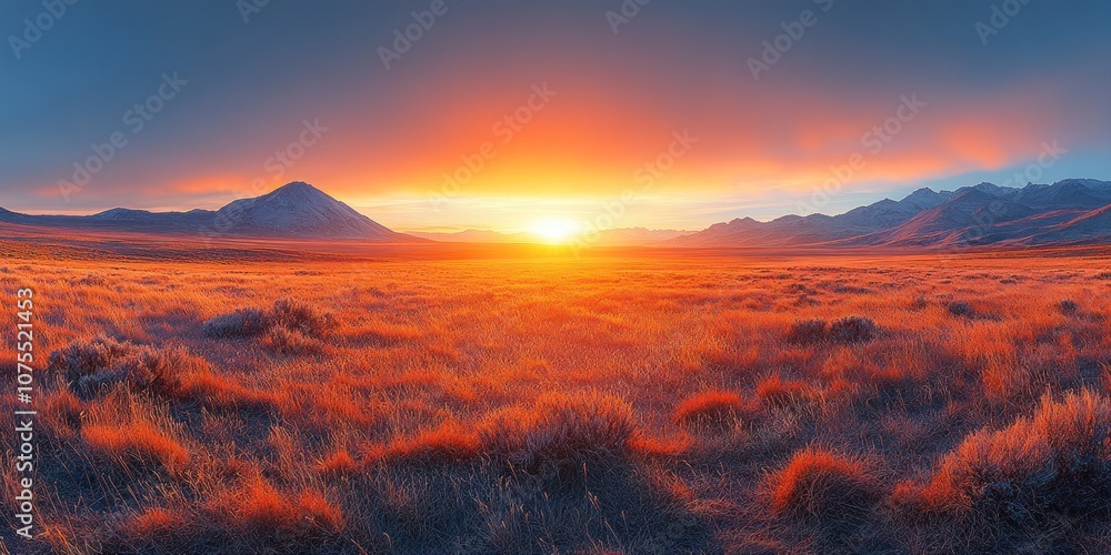 Naklejka premium Scenic view of a mountain range with a bright orange sunset behind them.