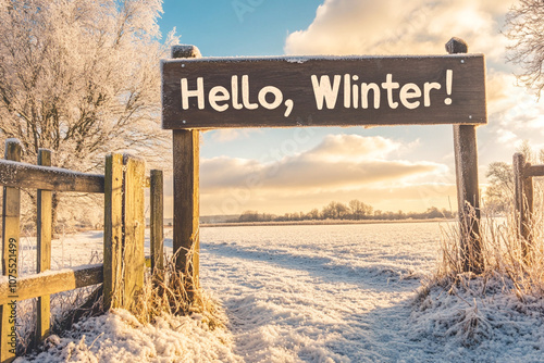 Frosty winter landscape with a wooden sign that says Hello, Winter welcoming the snowy season under a clear sky photo