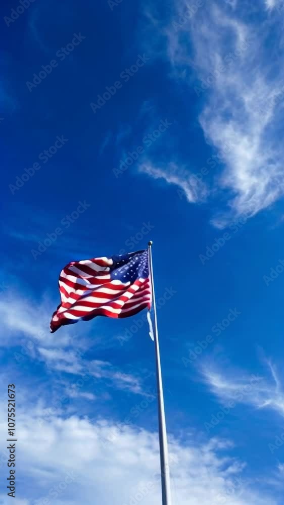 American flag waves in the wind on a sunny day with a clear blue sky in the background. American flag waves in the wind on a sunny day with a clear blue sky in the background.