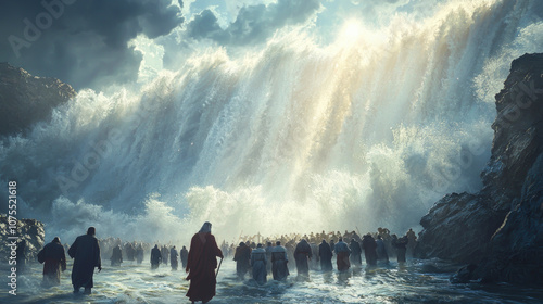 Moses leading the Israelites through the parted waters during the Exodus at sunset, guided by divine light and historical significance in ancient times photo