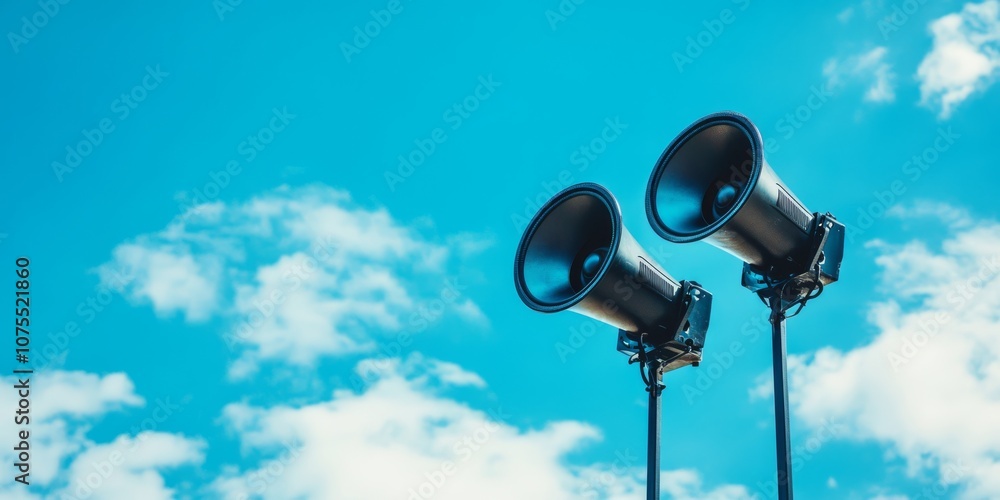 A striking image of loudspeakers mounted on poles against a blue sky, symbolizing public alert systems in urban settings A striking image of loudspeakers mounted on poles against a blue sky, symbolizing public alert systems in urban settings