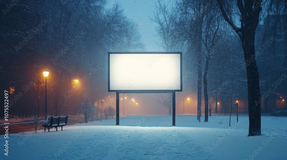 A large blank billboard stands alone in a snowy park, illuminated by nearby street lamps. Snow gently falls through the trees in the misty evening, creating a serene winter atmosphere in the city. A large blank billboard stands alone in a snowy park, illuminated by nearby street lamps. Snow gently falls through the trees in the misty evening, creating a serene winter atmosphere in the city.