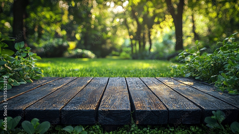 A serene wooden platform in a lush green forest, inviting relaxation and nature appreciation. A serene wooden platform in a lush green forest, inviting relaxation and nature appreciation.