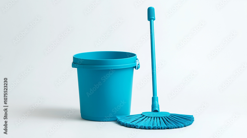 Blue Cleaning Bucket and Broom Isolated on White Background Blue Cleaning Bucket and Broom Isolated on White Background