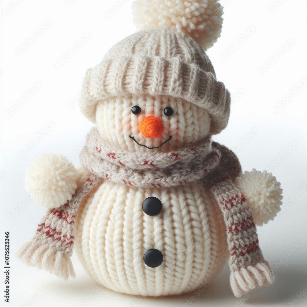 A cozy, knitted snowman with a cute smile, wearing a fluffy pom-pom hat and a warm scarf on white backdrop. AI generated.
A cozy, knitted snowman with a cute smile, wearing a fluffy pom-pom hat and a warm scarf on white backdrop. AI generated.