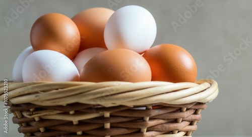 Fresh brown white eggs in wicker basket photo