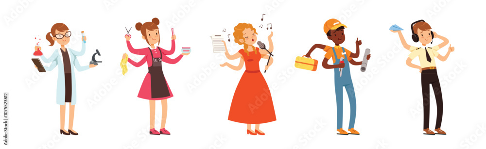 Multitasking People Character of Different Profession Vector Set Multitasking People Character of Different Profession Vector Set