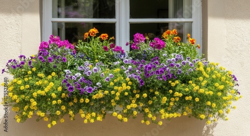 Colorful flower boxes adorning sunny window
