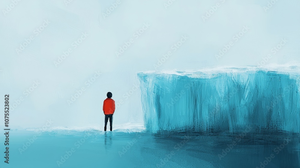Obraz premium A young boy stands in awe before a majestic iceberg on a tranquil seaside