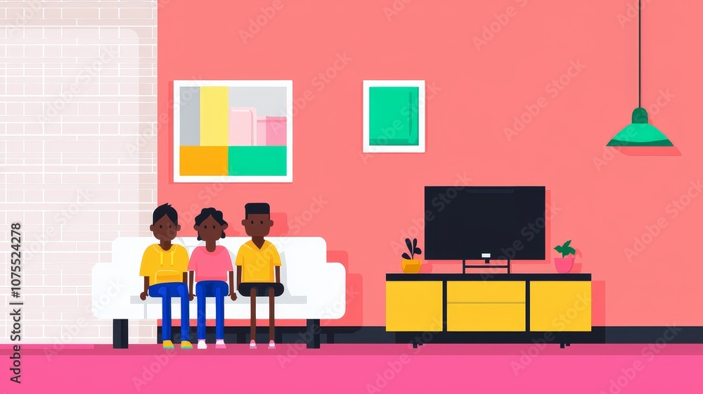 Three friends relaxing together in a vibrant living room setting with modern decor Three friends relaxing together in a vibrant living room setting with modern decor