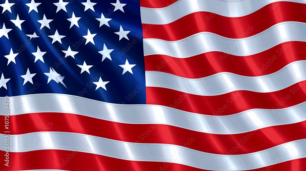 Obraz premium Waving American flag with red and white stripes and blue field of stars.