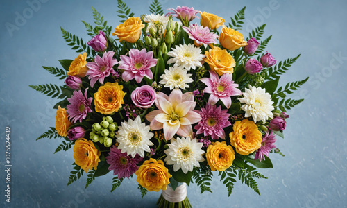 A colorful bouquet of flowers with yellow, pink, and white blooms arranged in a vase