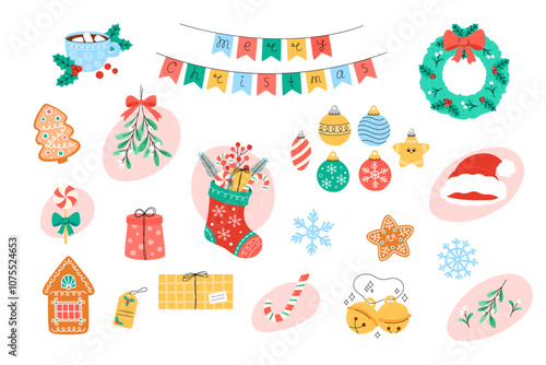 Christmas clipart elements isolated vector set. Cute Xmas festive ornaments, stockings, mistletoe, gifts and other Christmas holiday symbols. Gingerbread and candy. Flat and doodle objects