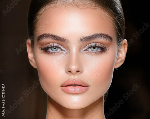 A close-up view of a woman applying makeup, on another woman, specifically focusing on her eyelid and eyelashes with a gold-colored makeup brush