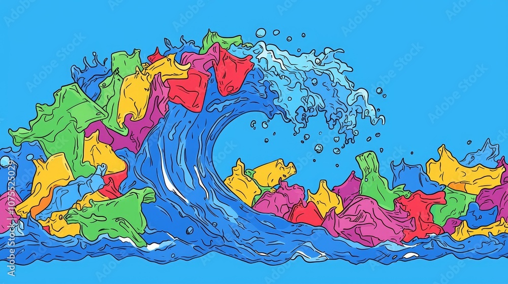 Colorful plastic waste creates a dynamic wave illustration highlighting environmental issues Colorful plastic waste creates a dynamic wave illustration highlighting environmental issues